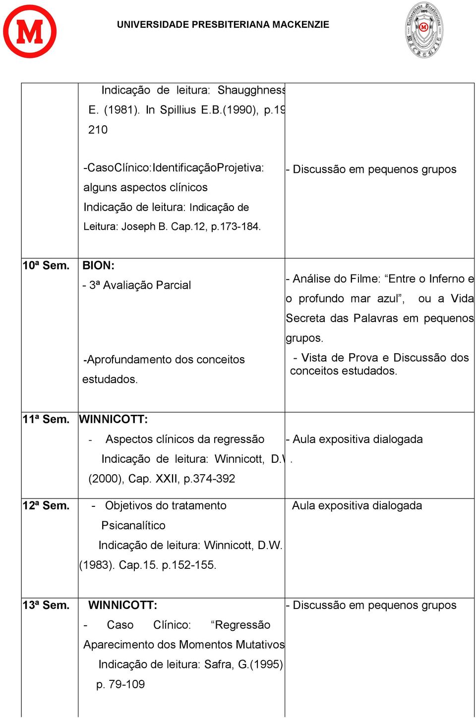 - Análise do Filme: Entre o Inferno e o profundo mar azul, ou a Vida Secreta das Palavras em pequenos grupos. - Vista de Prova e Discussão dos conceitos estudados. 11ª Sem.