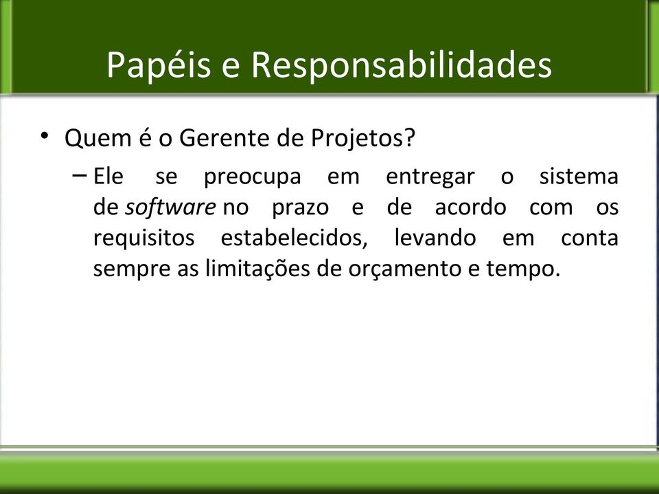 Ele se preocupa em entregar o sistema de software no