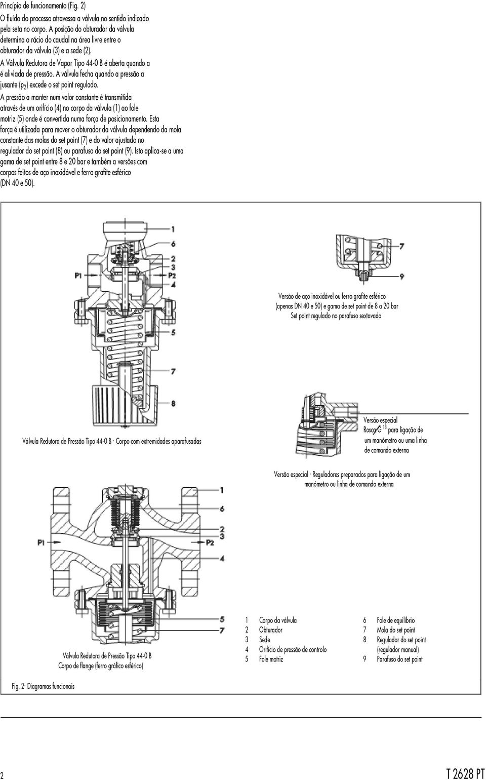 A Válvula Redutora de Vapor Tipo 44-0 B é aberta quando a é aliviada de pressão. A válvula fecha quando a pressão a jusante (p 2 ) excede o set point regulado.