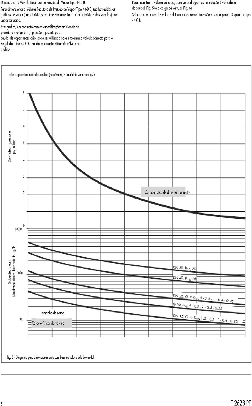 Este gráfico, em conjunto com as especificações adicionais da pressão a montante p 1, pressão a jusante p 2 e o caudal de vapor necessário, pode ser utilizado para encontrar a válvula correcta para o