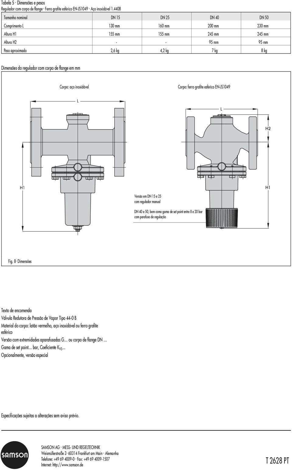 Dimensões do regulador com corpo de flange em mm Corpo: aço inoxidável Corpo: ferro grafite esférico EN-JS1049 Versão em DN 15 e 25 com regulador manual DN 40 e 50, bem como gama de set point entre 8