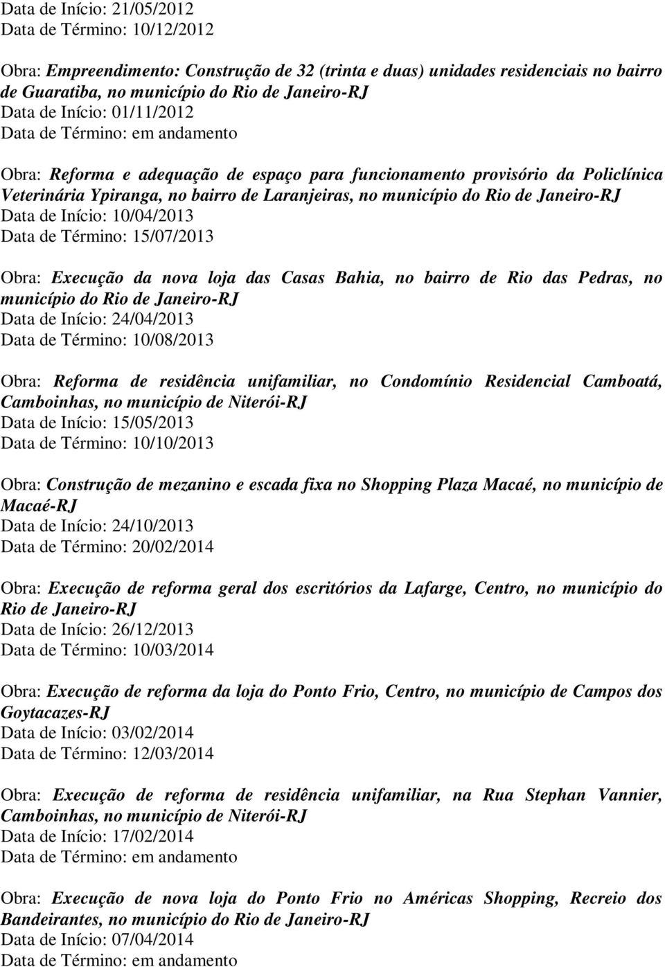 15/07/2013 Obra: Execução da nova loja das Casas Bahia, no bairro de Rio das Pedras, no Data de Início: 24/04/2013 Data de Término: 10/08/2013 Obra: Reforma de residência unifamiliar, no Condomínio