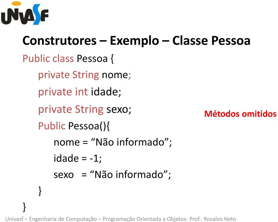 private String sexo; Public Pessoa(){ nome = Não