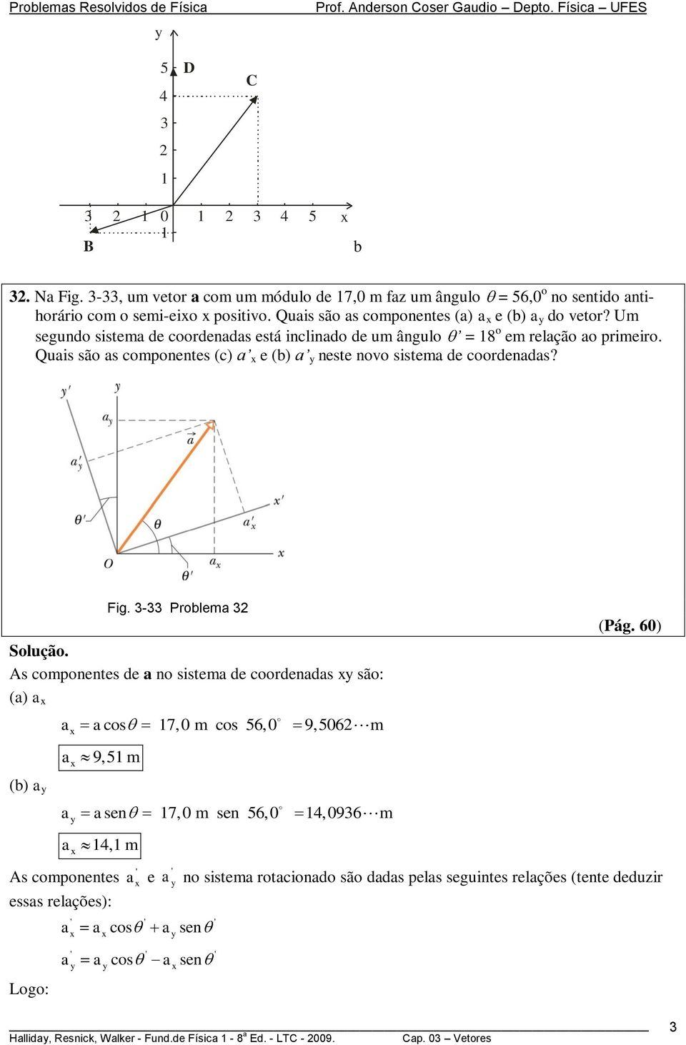 Um seguno sistem e ooens está inlino e um ângulo = 18 o em elção o pimeio. Quis são s omponentes () e () neste novo sistem e ooens? Fig.