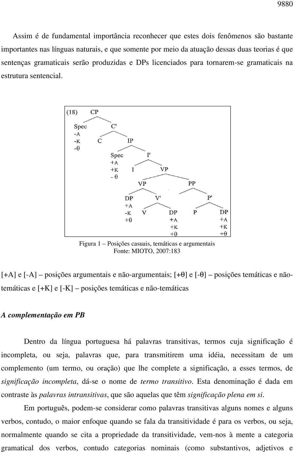 Figura 1 Posições casuais, temáticas e argumentais Fonte: MIOTO, 2007:183 [+A] e [-A] posições argumentais e não-argumentais; [+θ] e [-θ] posições temáticas e nãotemáticas e [+K] e [-K] posições