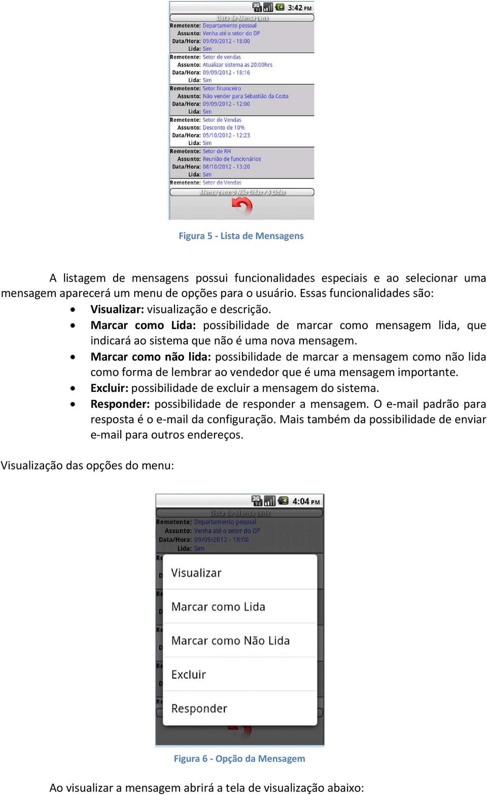 Marcar como não lida: possibilidade de marcar a mensagem como não lida como forma de lembrar ao vendedor que é uma mensagem importante. Excluir: possibilidade de excluir a mensagem do sistema.