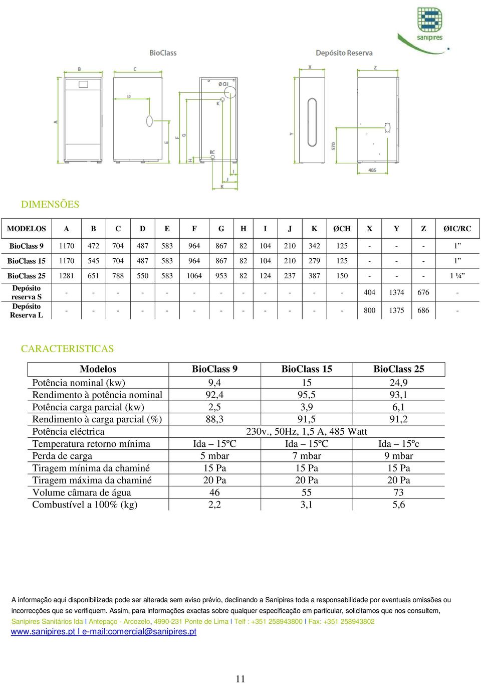 CARACTERISTICAS Modelos BioClass 9 BioClass 15 BioClass 25 Potência nominal (kw) 9,4 15 24,9 Rendimento à potência nominal 92,4 95,5 93,1 Potência carga parcial (kw) 2,5 3,9 6,1 Rendimento à carga