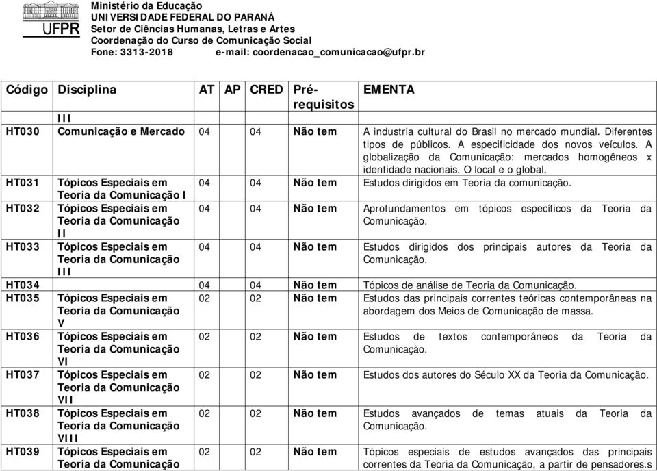 Teoria da Comunicação I HT032 Teoria da Comunicação II 04 04 Não tem Aprofundamentos em tópicos específicos da Teoria da Comunicação.