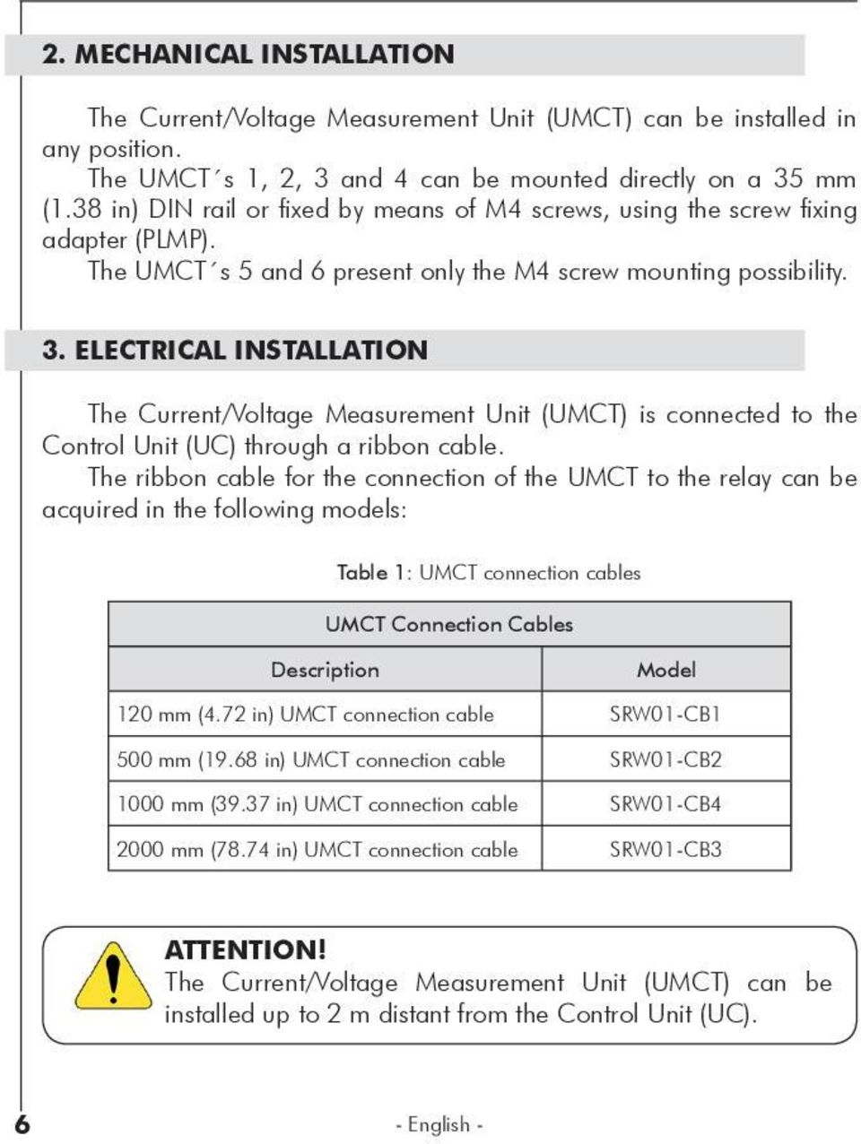 electrical InStallatIOn The Current/Voltage Measurement Unit (UMCT) is connected to the Control Unit (UC) through a ribbon cable.