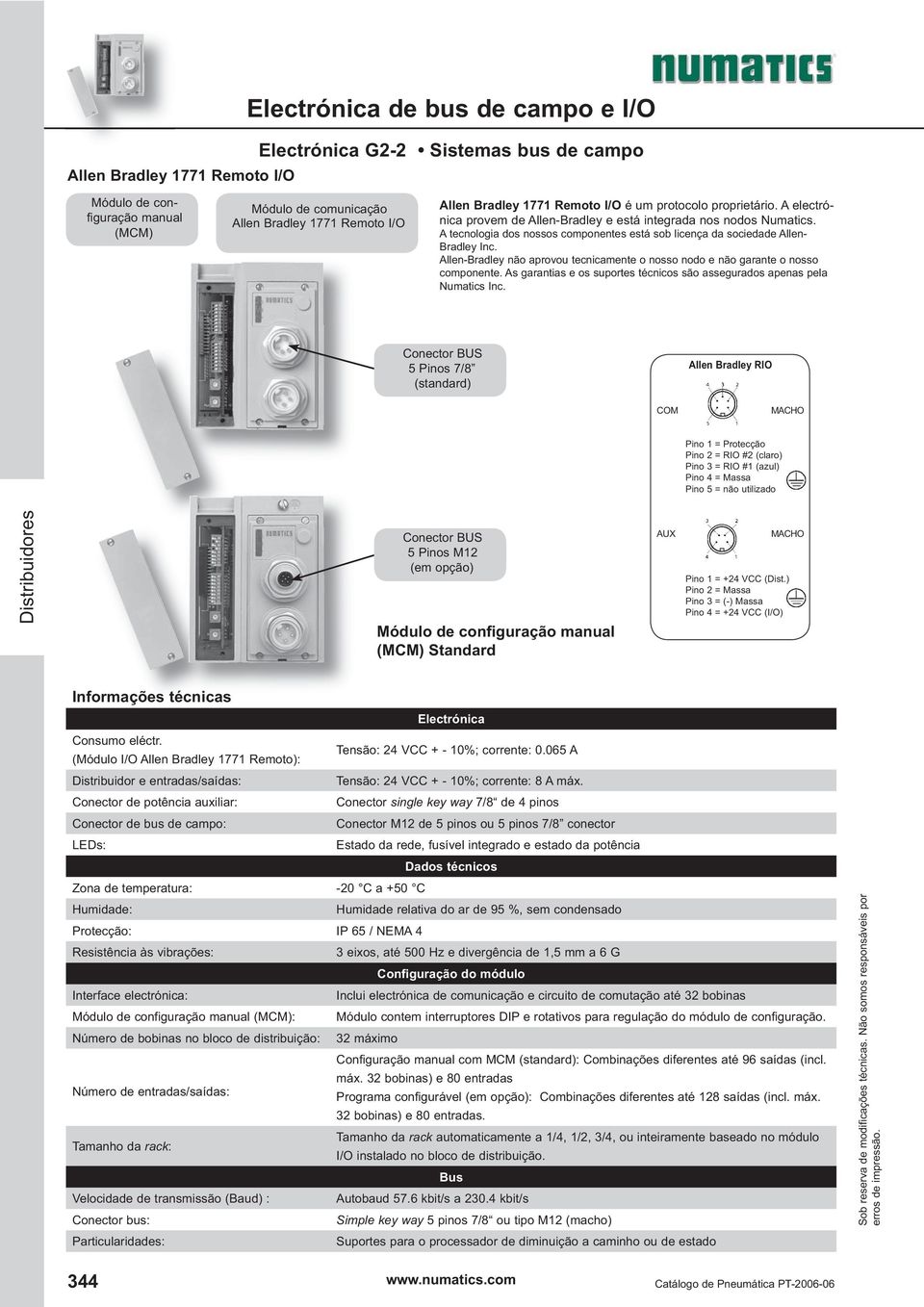 Allen-Bradley não aprovou tecnicamente o nosso nodo e não garante o nosso componente. As garantias e os suportes técnicos são assegurados apenas pela Numatics Inc.