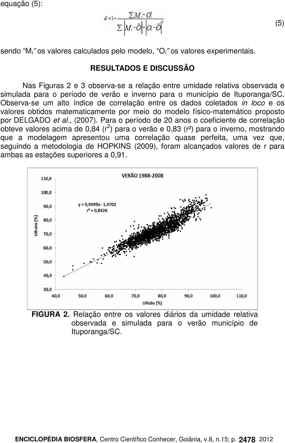 Observa-se um alto índice de correlação entre os dados coletados in loco e os valores obtidos matematicamente por meio do modelo físico-matemático proposto por DELGADO et al., (2007).