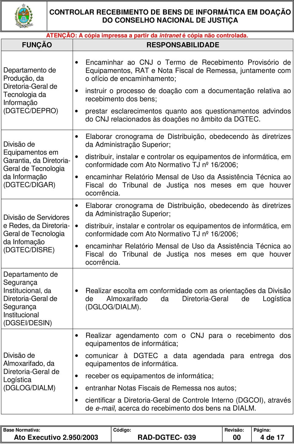 Institucional, da Diretoria-Geral de Segurança Institucional (DGSEI/DESIN) Encaminhar ao CNJ o Termo de Recebimento Provisório de Equipamentos, RAT e Nota Fiscal de Remessa, juntamente com o ofício