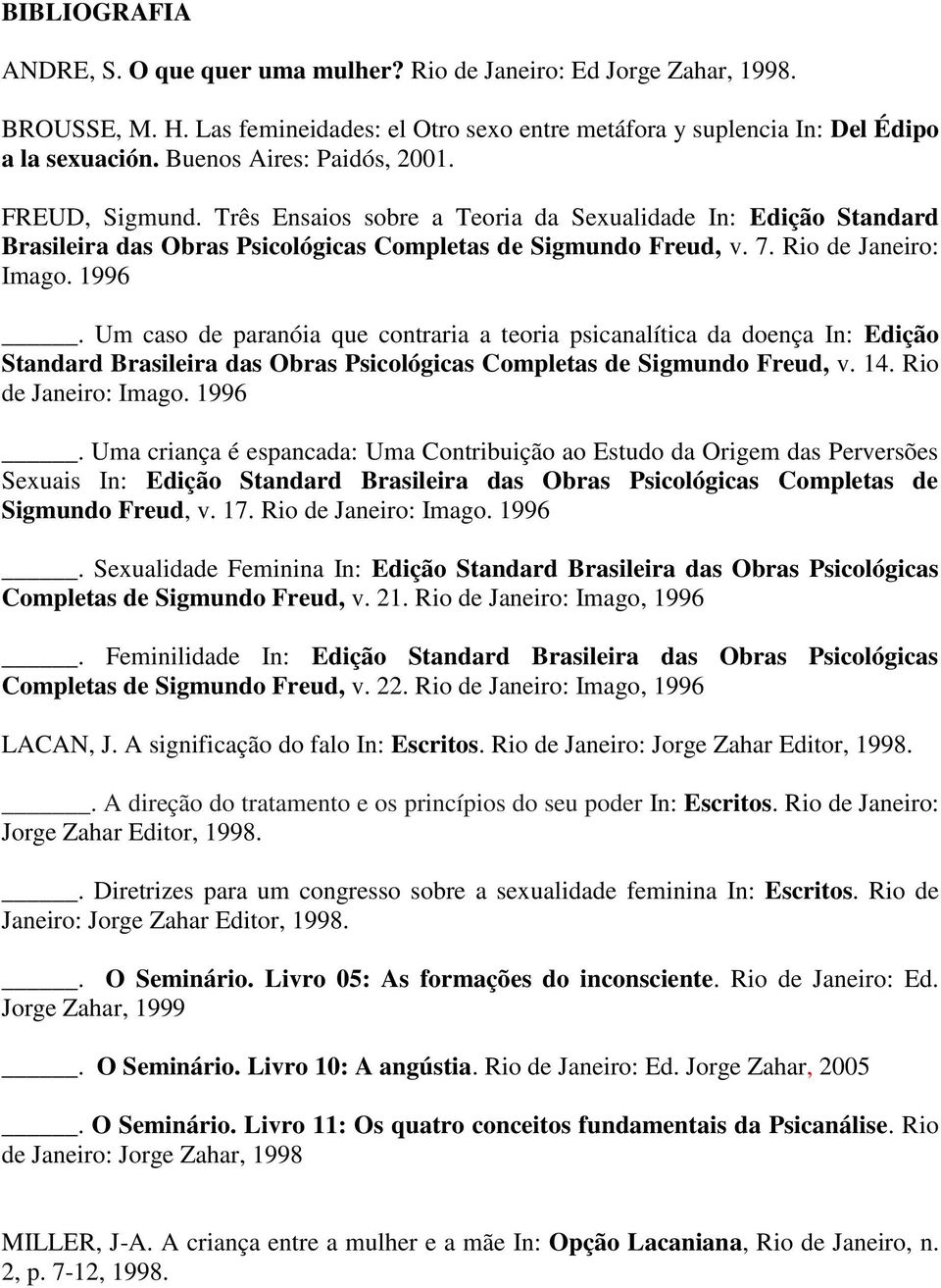 1996. Um caso de paranóia que contraria a teoria psicanalítica da doença In: Edição Standard Brasileira das Obras Psicológicas Completas de Sigmundo Freud, v. 14. Rio de Janeiro: Imago. 1996.