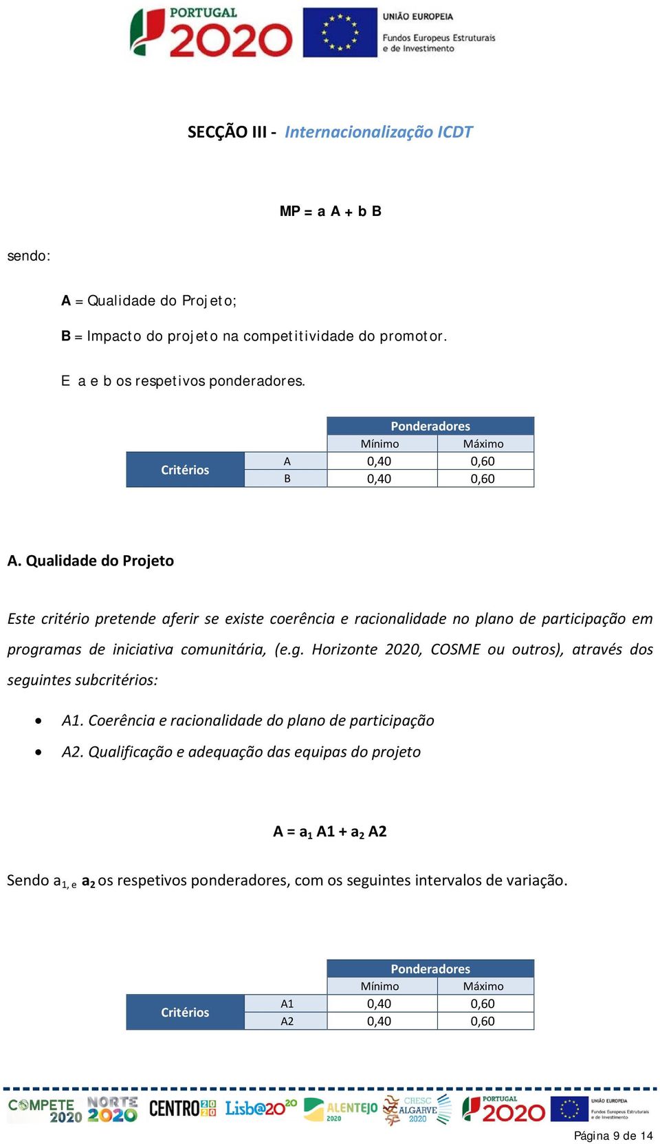 Qualidade do Projeto Este critério pretende aferir se existe coerência e racionalidade no plano de participação em progr
