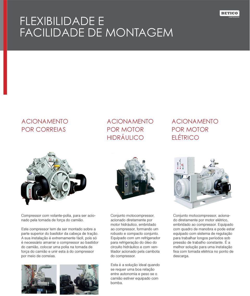 A sua instalação é extremamente fácil, pois só é necessário amarrar o compressor ao bastidor do camião, colocar uma polia na tomada de força do camião e unir esta à do compressor por meio de correias.