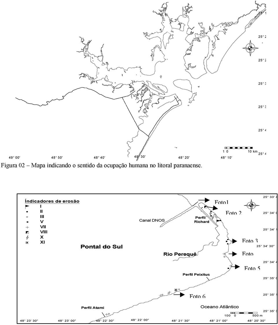 1 0 10 km 25 45' 48 10' Índicadores de erosão I II III V VII VIII X XI Pontal do Sul Canal DNOS Rio Perequê Perfil Richard Foto1 Foto
