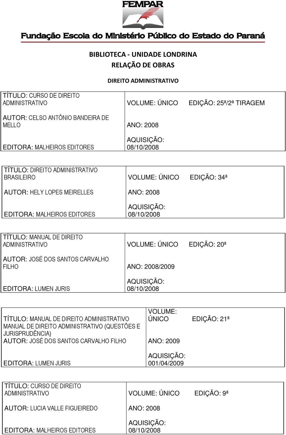 SANTOS CARVALHO FILHO ANO: 2008/2009 EDITORA: LUMEN JURIS TÍTULO: MANUAL DE DIREITO ADMINISTRATIVO 21ª MANUAL DE DIREITO ADMINISTRATIVO (QUESTÕES E