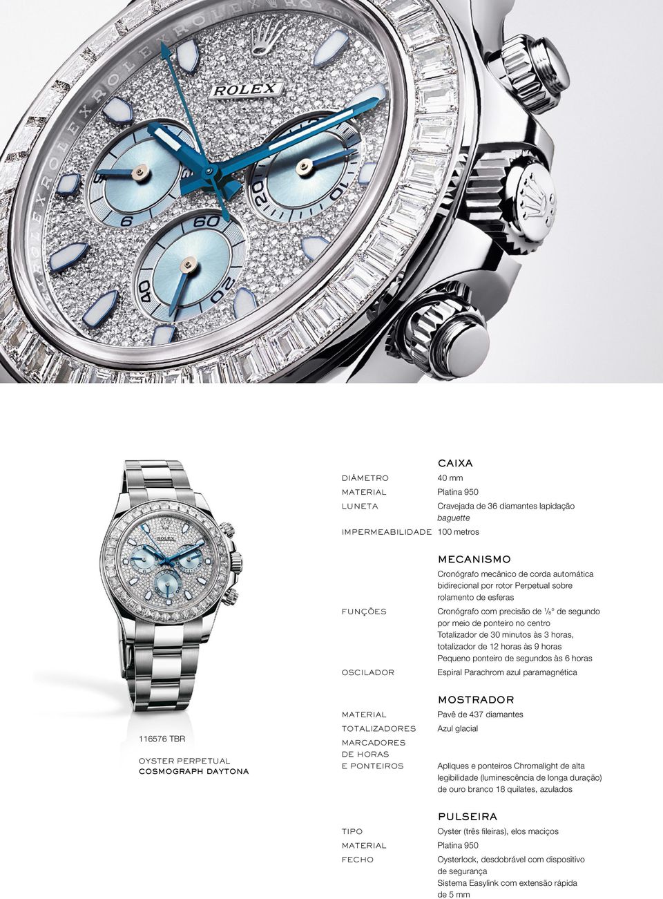 Parachrom azul paramagnética 116576 TBR COSMOGRAPH DAYTONA TOTALIZADORES E PONTEIROS Pavê de 437 diamantes Azul glacial Apliques e ponteiros Chromalight de alta legibilidade (luminescência de