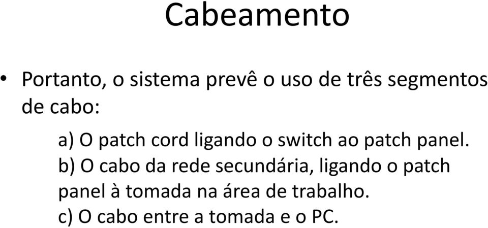 b) O cabo da rede secundária, ligando o patch panel à