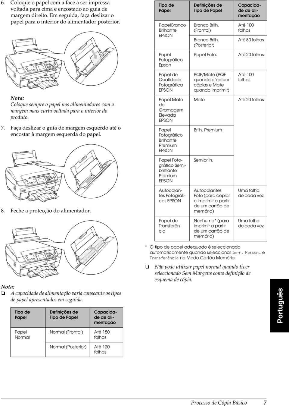 (Posterior) Capacidade de alimentação Até 100 folhas Até 80 folhas Papel Fotográfico Epson Papel Foto.