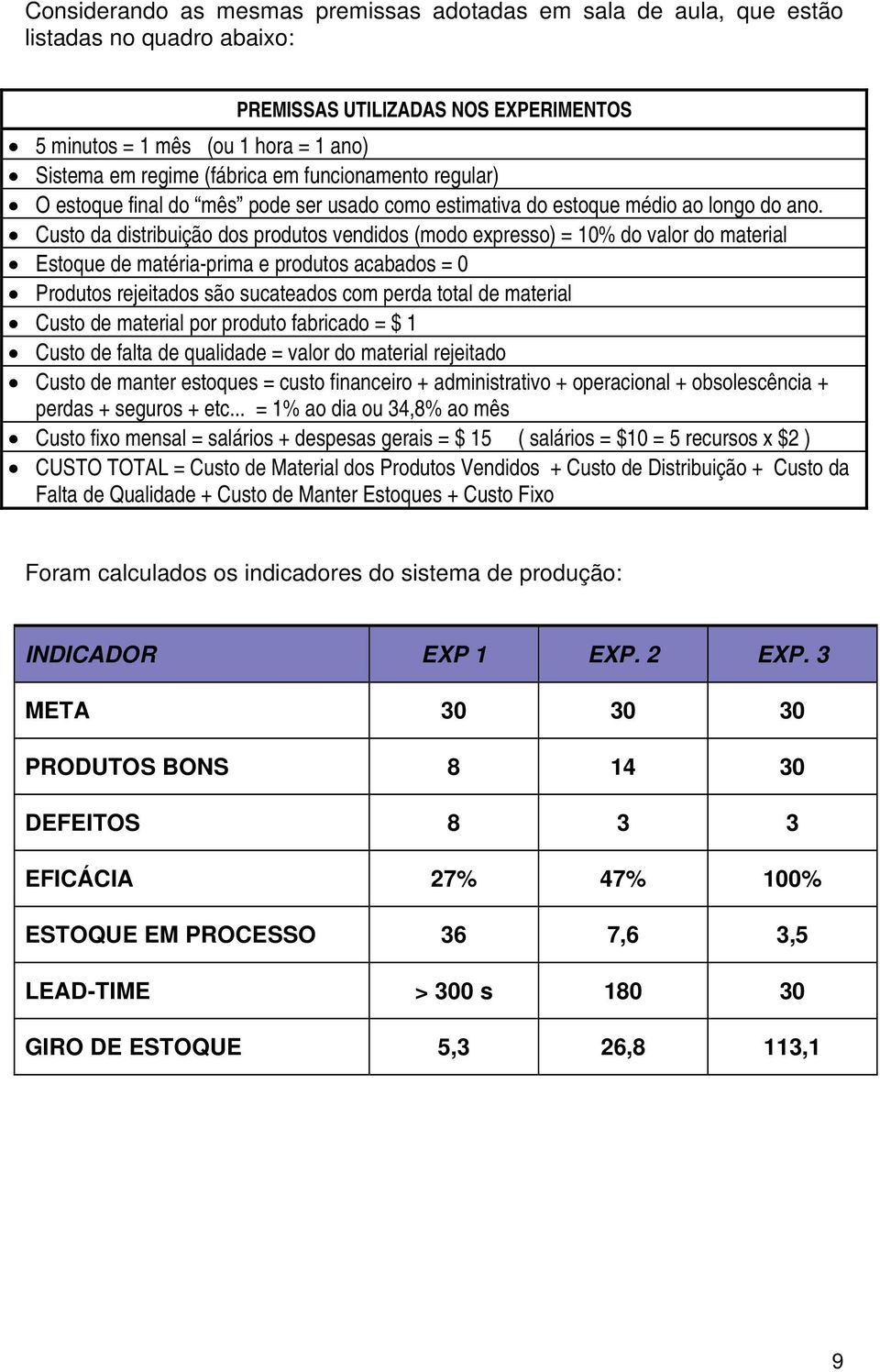 Custo da distribuição dos produtos vendidos (modo expresso) = 10% do valor do material Estoque de matéria-prima e produtos acabados = 0 Produtos rejeitados são sucateados com perda total de material