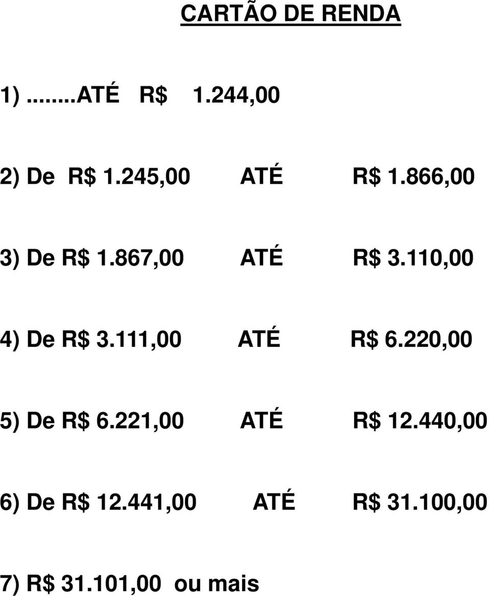 110,00 4) De R$ 3.111,00 ATÉ R$ 6.220,00 5) De R$ 6.