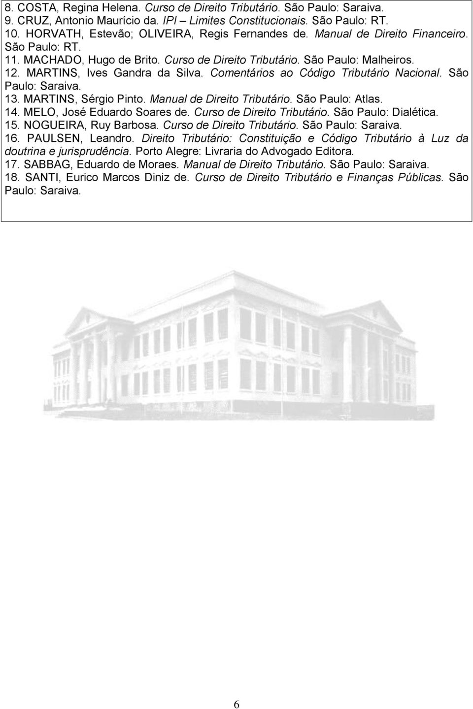 Comentários ao Código Tributário Nacional. São Paulo: Saraiva. 13. MARTINS, Sérgio Pinto. Manual de Direito Tributário. São Paulo: Atlas. 14. MELO, José Eduardo Soares de. Curso de Direito Tributário.