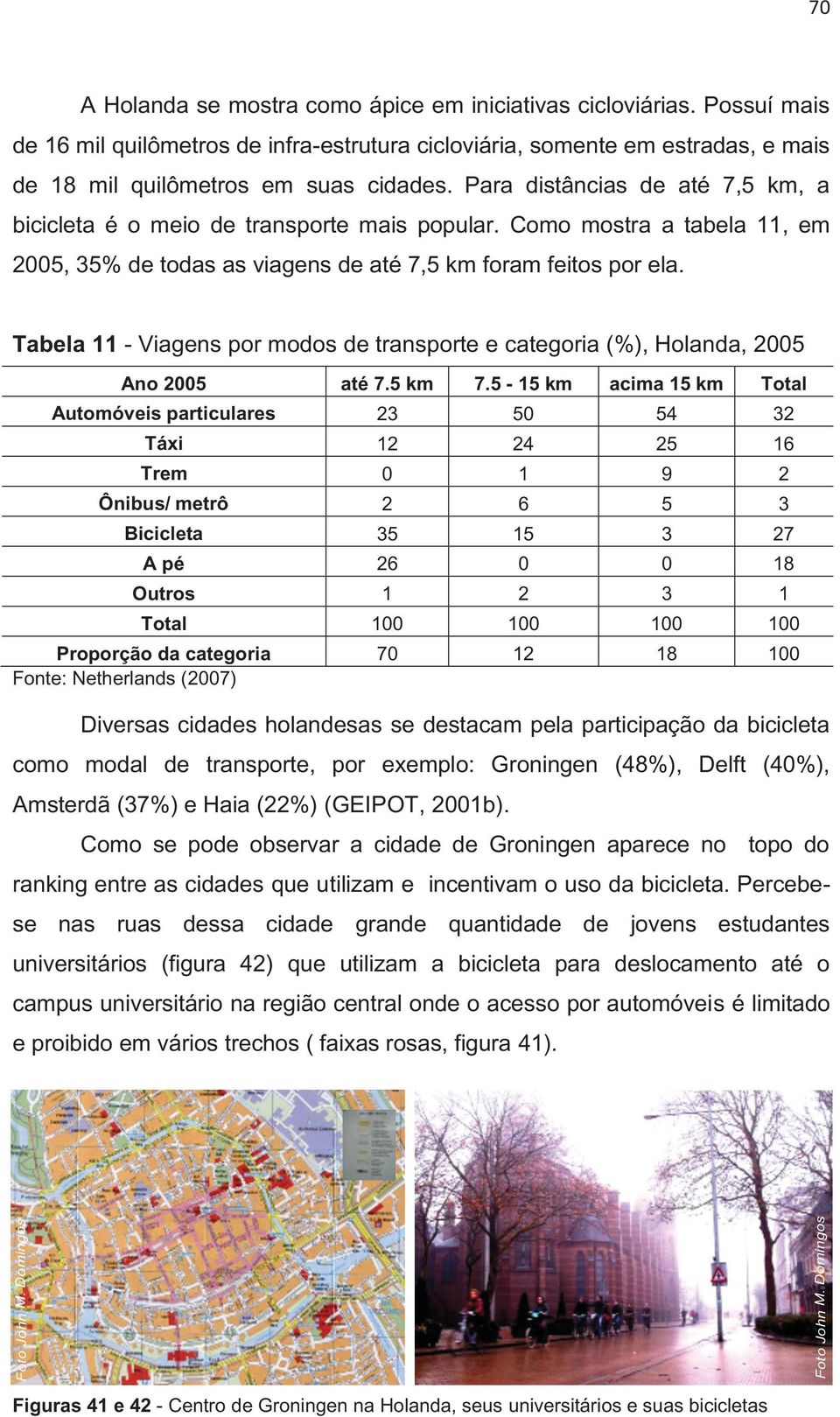 Para distâncias de até 7,5 km, a bicicleta é o meio de transporte mais popular. Como mostra a tabela 11, em 2005, 35% de todas as viagens de até 7,5 km foram feitos por ela.