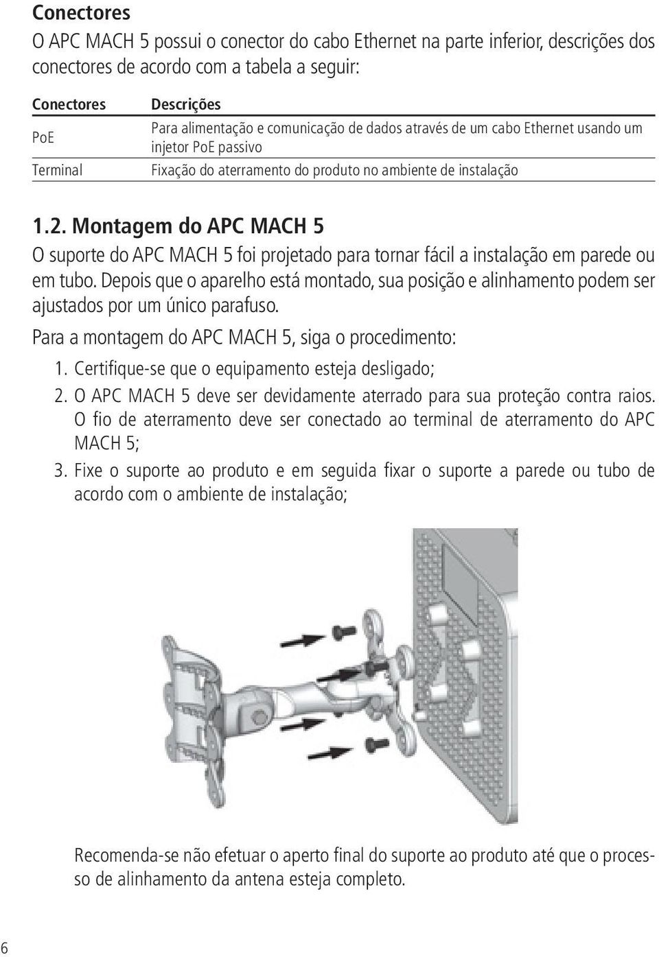 Montagem do APC MACH 5 O suporte do APC MACH 5 foi projetado para tornar fácil a instalação em parede ou em tubo.