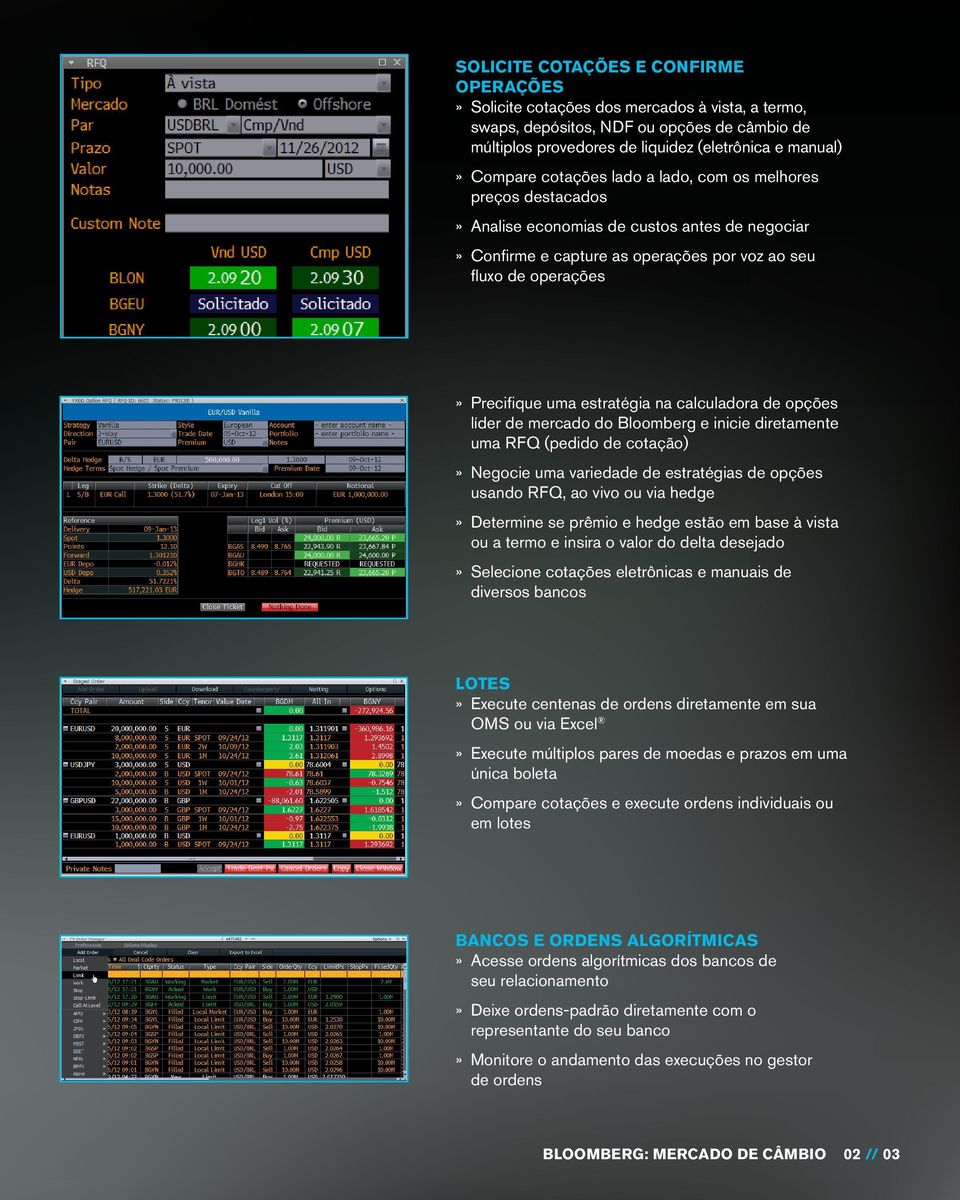 calculadora de opções líder de mercado do Bloomberg e inicie diretamente uma RFQ (pedido de cotação)» Negocie uma variedade de estratégias de opções usando RFQ, ao vivo ou via hedge» Determine se