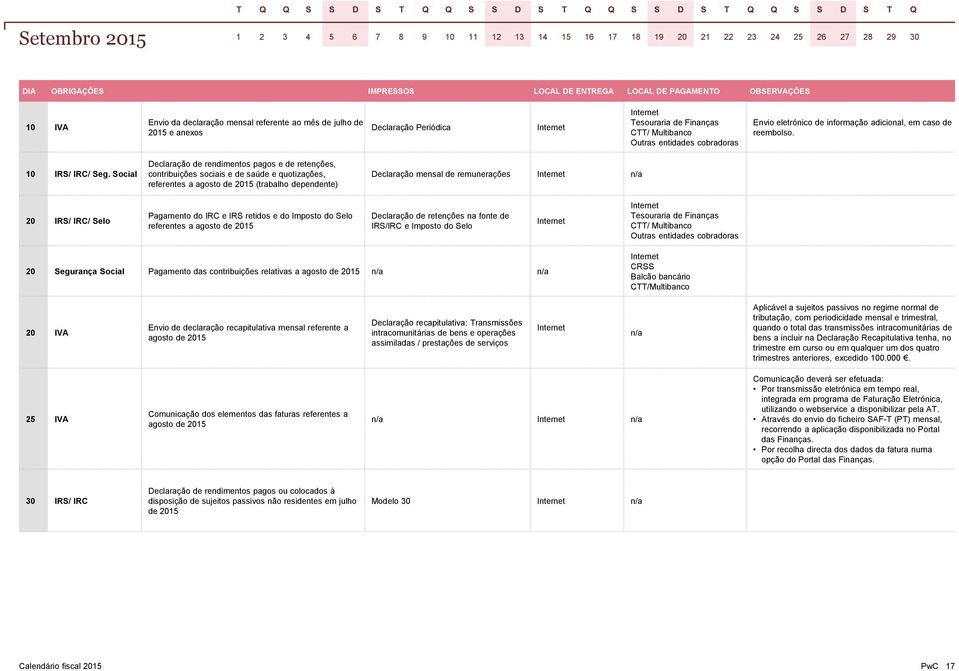 Social Declaração de rendimentos pagos e de retenções, contribuições sociais e de saúde e quotizações, referentes a agosto de 2015 (trabalho dependente) Declaração mensal de remunerações 20 IRS/ IRC/