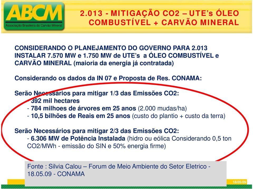 CONAMA: Serão Necessários para mitigar 1/3 das Emissões CO2: - 392 mil hectares - 784 milhoes de árvores em 25 anos (2.