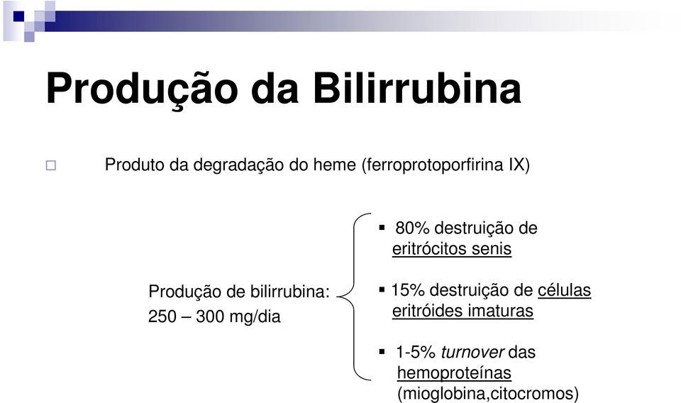 Produção de bilirrubina: 250 300 mg/dia 15% destruição de