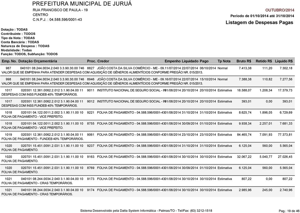 00 746 8946 JOÃO COSTA DA SILVA COMÉRCIO - ME - 09. 16/07/2014 22/07/2014 15/10/2014 Normal 7.