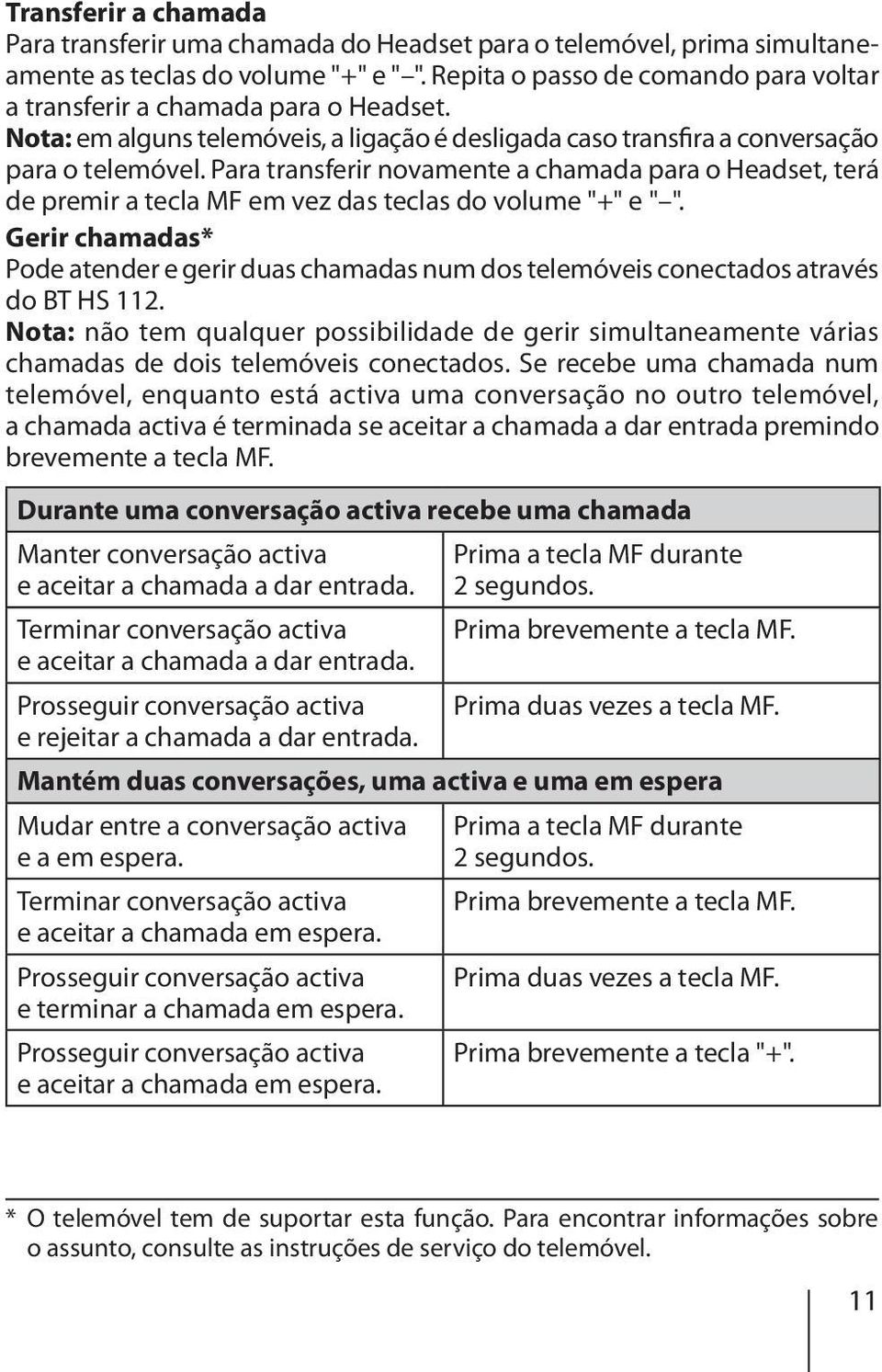 Para transferir novamente a chamada para o Headset, terá de premir a tecla MF em vez das teclas do volume "+" e " ".