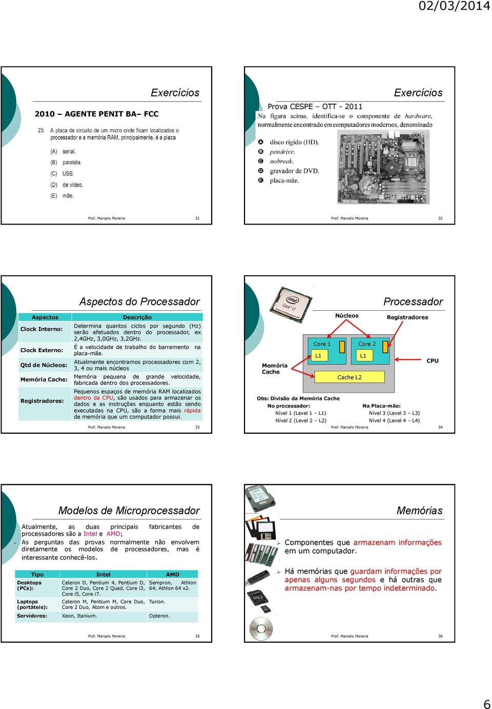 Atualmente encontramos processadores com 2, 3, 4 ou mais núcleos Memória pequena de grande velocidade, fabricada dentro dos processadores.