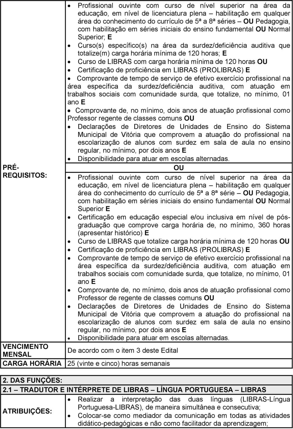 horas; E Curso de LIBRAS com carga horária mínima de 120 horas OU Certificação de proficiência em LIBRAS (PROLIBRAS) E Comprovante de tempo de serviço de efetivo exercício profissional na área