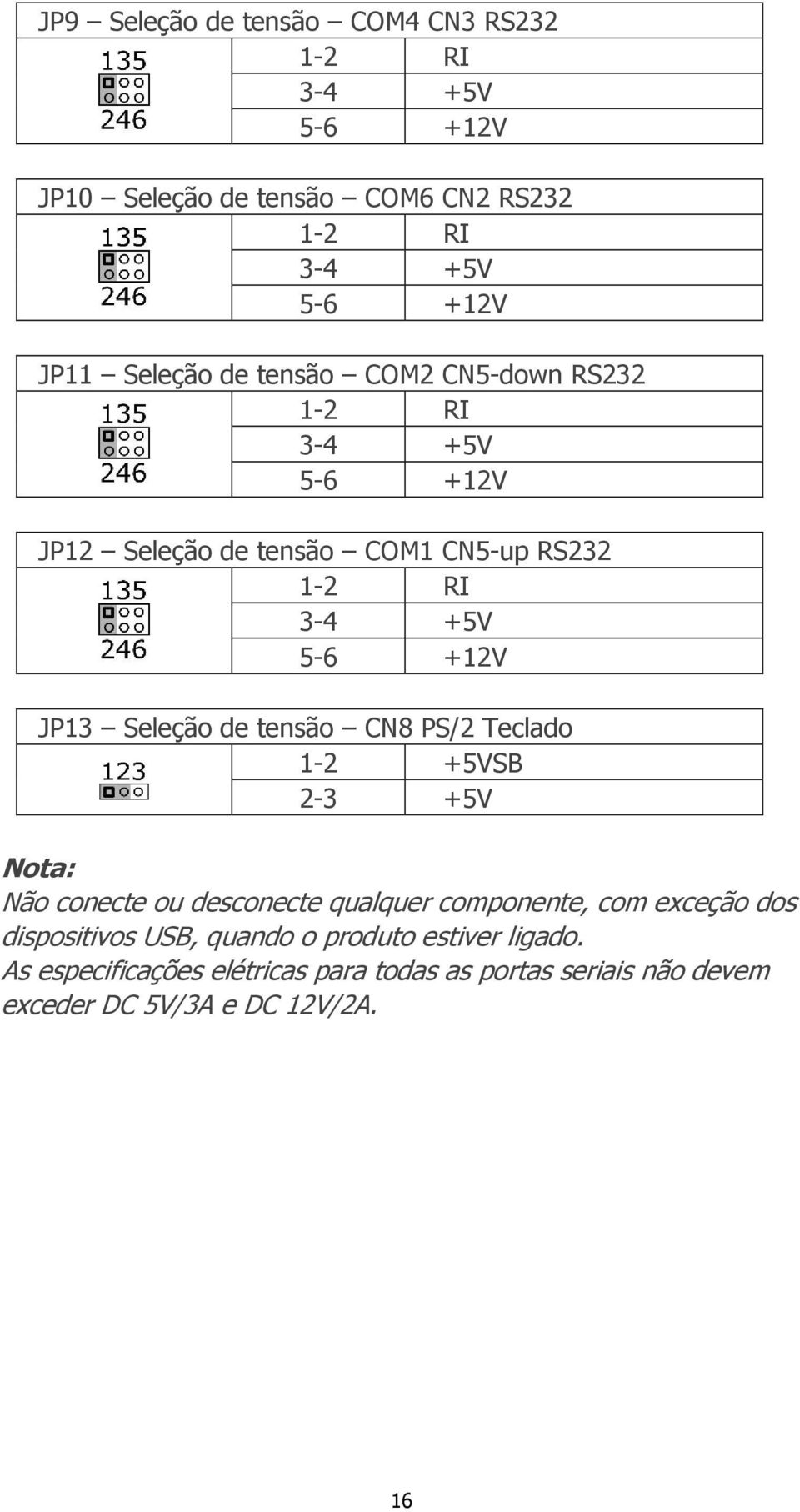 Seleção de tensão CN8 PS/2 Teclado 1-2 +5VSB 2-3 +5V Nota: Não conecte ou desconecte qualquer componente, com exceção dos