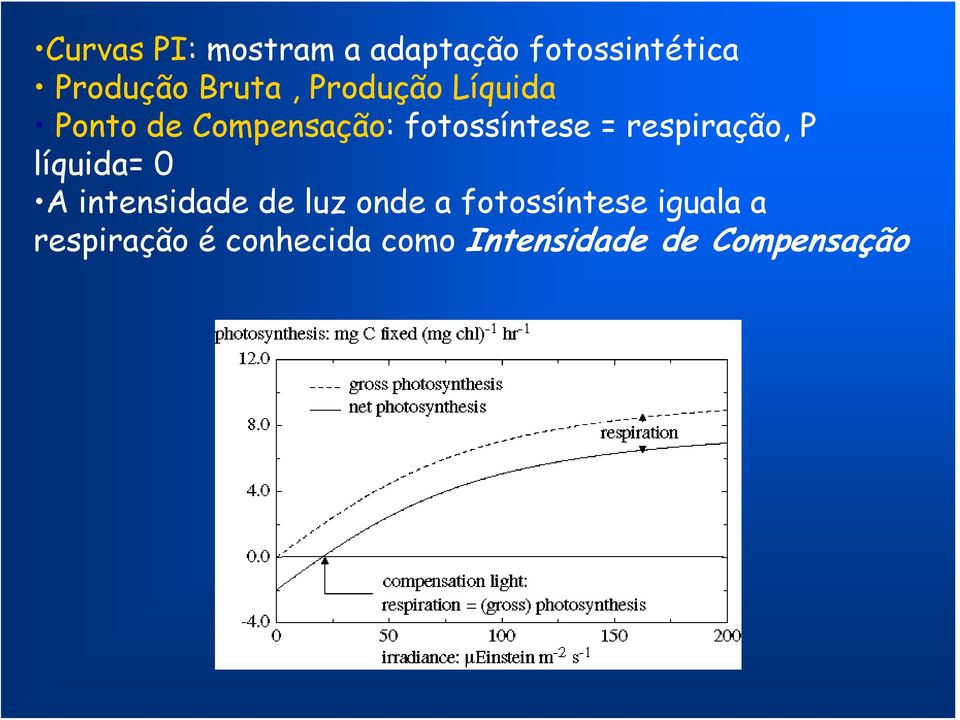 respiração, P líquida= 0 A intensidade de luz onde a