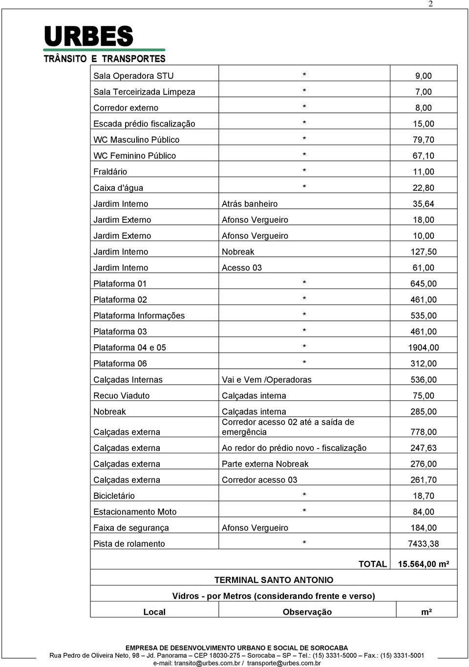 Plataforma 01 * 645,00 Plataforma 02 * 461,00 Plataforma Informações * 535,00 Plataforma 03 * 461,00 Plataforma 04 e 05 * 1904,00 Plataforma 06 * 312,00 Calçadas Internas Vai e Vem /Operadoras 536,00