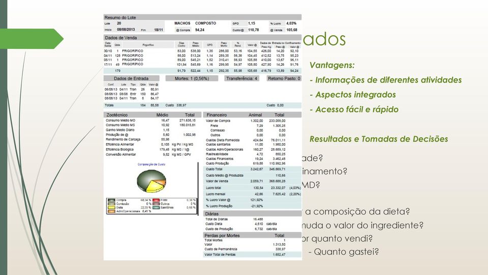 Vantagens: - Informações de diferentes atividades - Aspectos integrados - Acesso fácil e rápido Resultados e Tomadas de