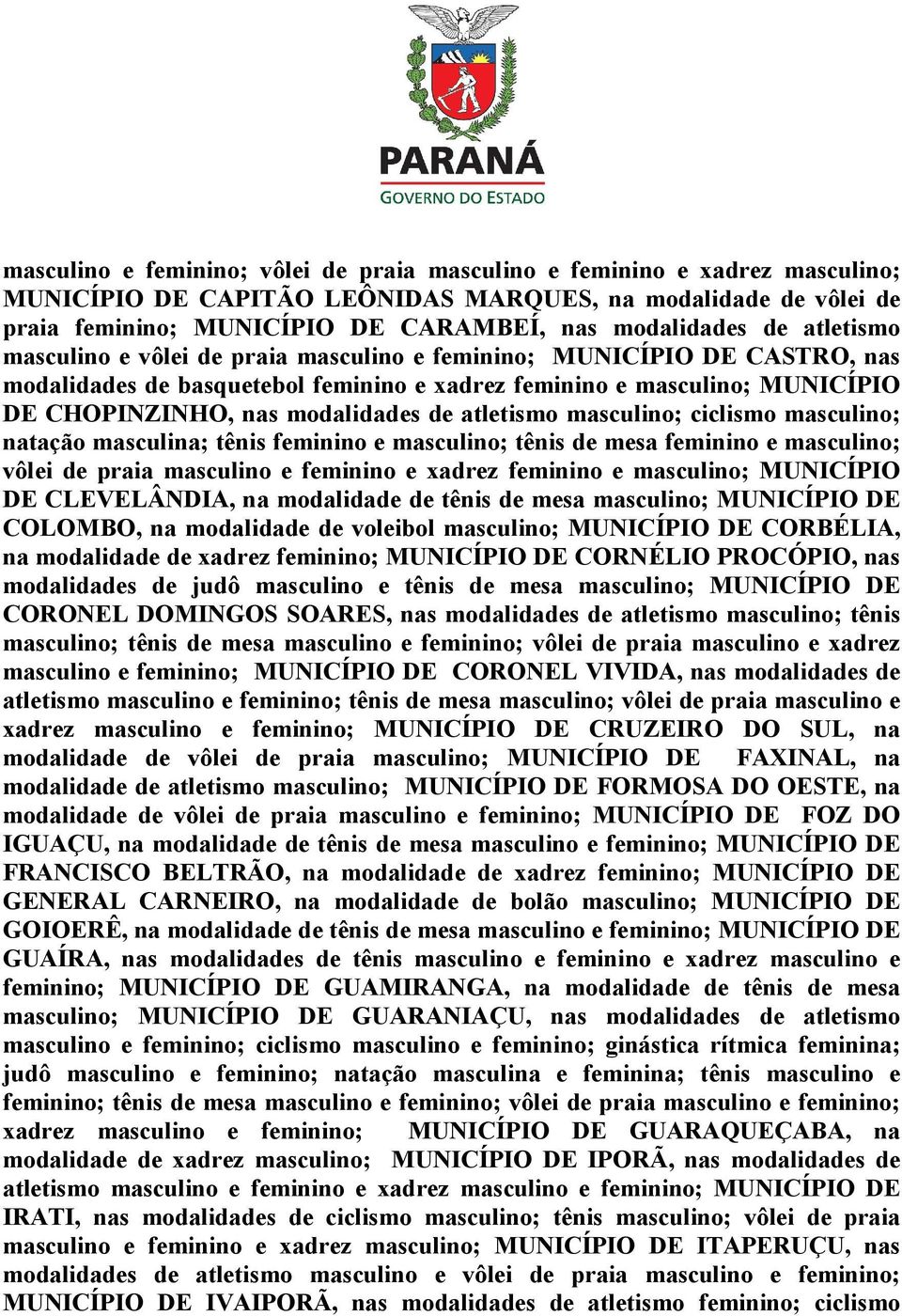 atletismo masculino; ciclismo masculino; natação masculina; tênis feminino e masculino; tênis de mesa feminino e masculino; vôlei de praia masculino e feminino e xadrez feminino e masculino;