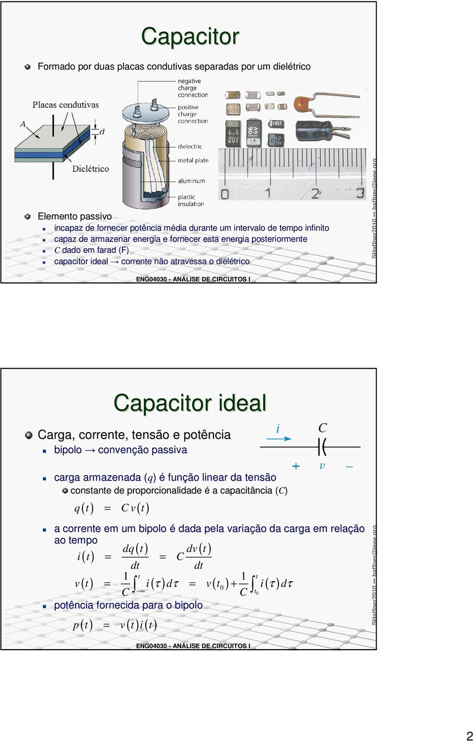 ensão e poência bipolo convenção passiva carga armazenaa (q)( é função linear a ensão consane e proporcionaliae é a capaciância ()( ( ) v( ) q a