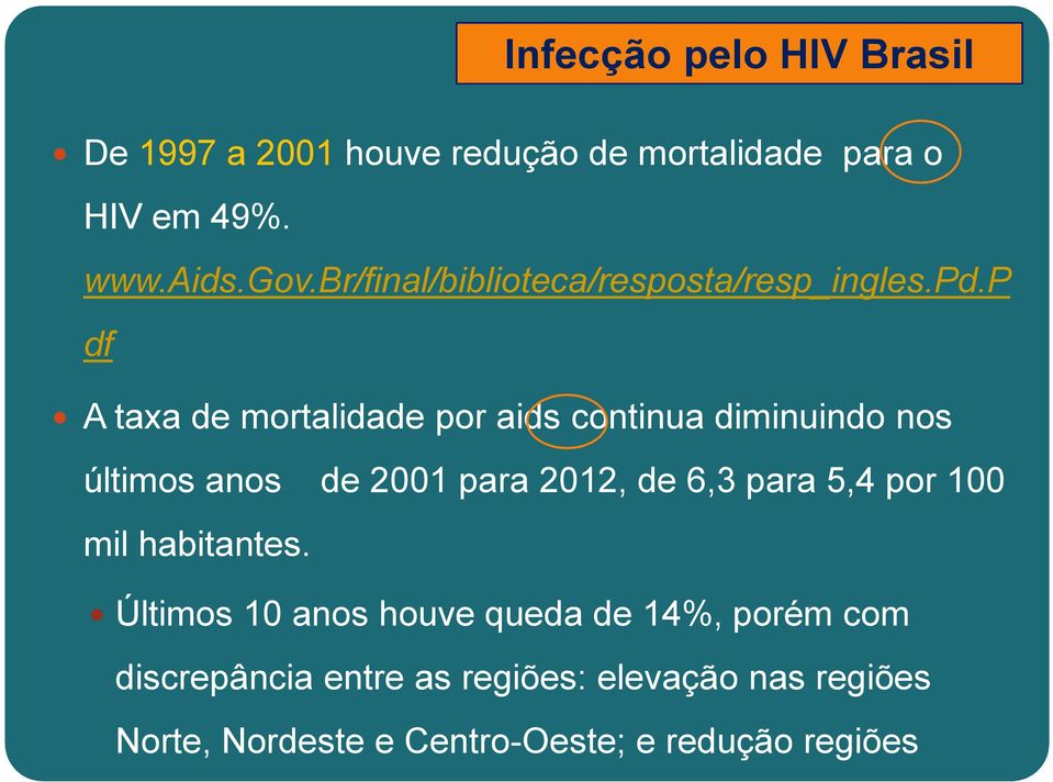 p df A taxa de mortalidade por aids continua diminuindo nos últimos anos de 2001 para 2012, de 6,3 para 5,4