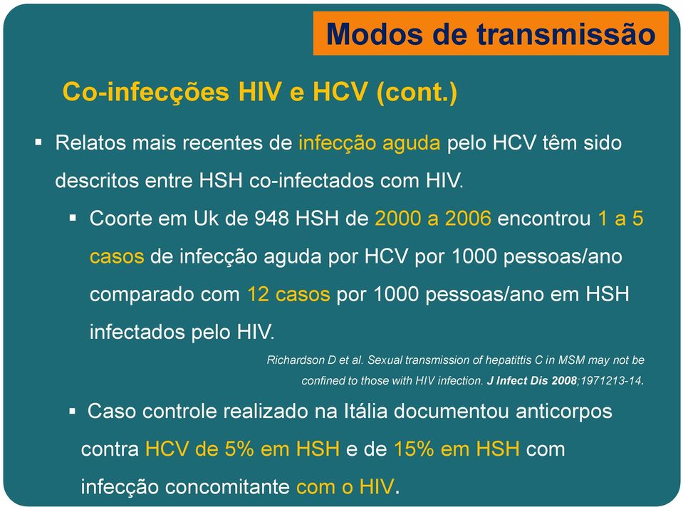 HIV. Richardson D et al. Sexual transmission of hepatittis C in MSM may not be confined to those with HIV infection. J Infect Dis 2008;1971213-14.