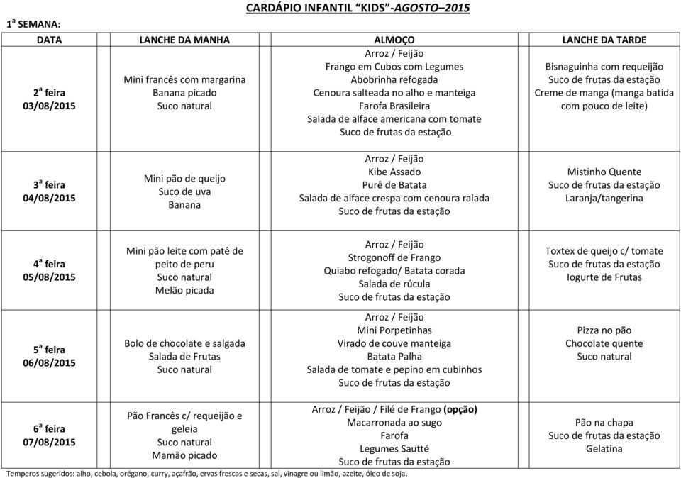 crespa com cenoura ralada Mistinho Quente Laranja/tangerina 05/08/2015 Mini pão leite com patê de peito de peru Melão picada Strogonoff de Frango Quiabo refogado/ Batata corada Salada de rúcula