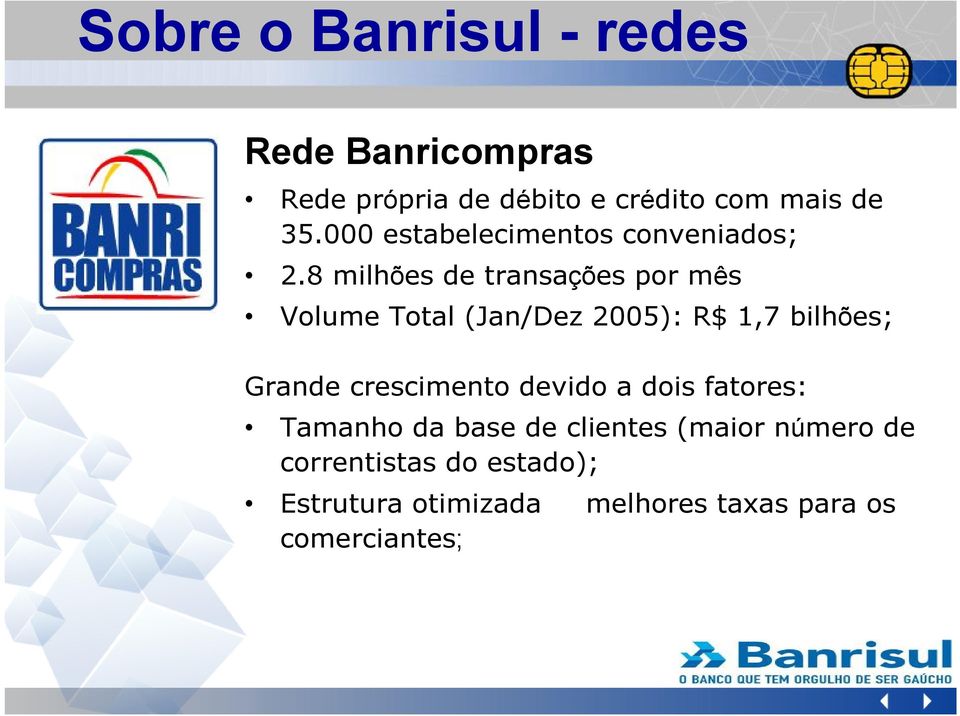 8 milhões de transações por mês Volume Total (Jan/Dez 2005): R$ 1,7 bilhões; Grande