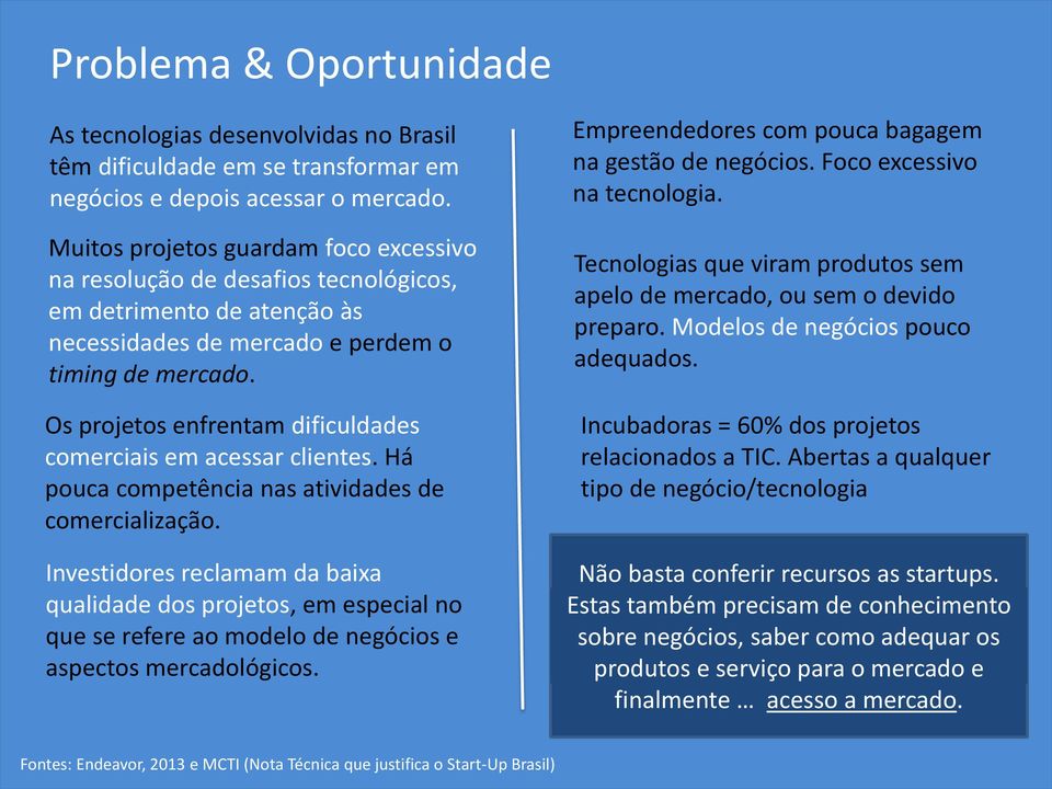 Os projetos enfrentam dificuldades comerciais em acessar clientes. Há pouca competência nas atividades de comercialização.