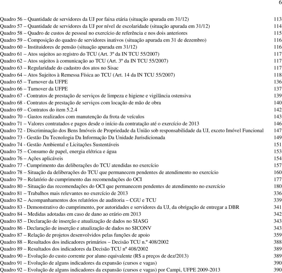 de pensão (situação apurada em 31/12) 116 Quadro 61 Atos sujeitos ao registro do TCU (Art. 3º da IN TCU 55/2007) 117 Quadro 62 Atos sujeitos à comunicação ao TCU (Art.