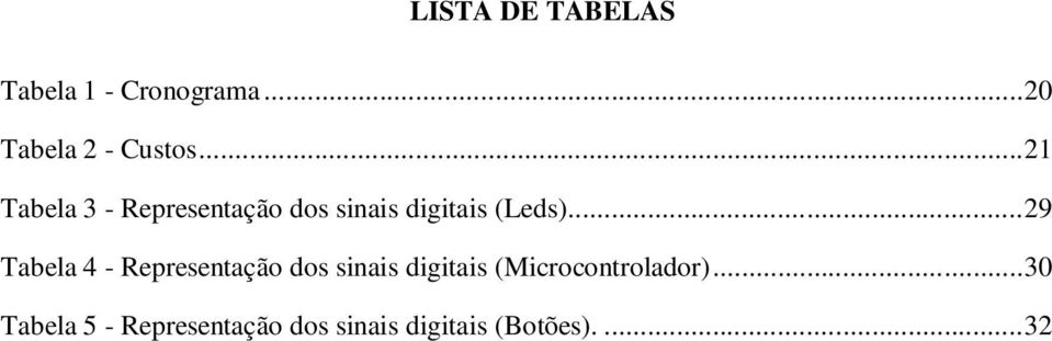 .. 29 Tabela 4 - Representação dos sinais digitais